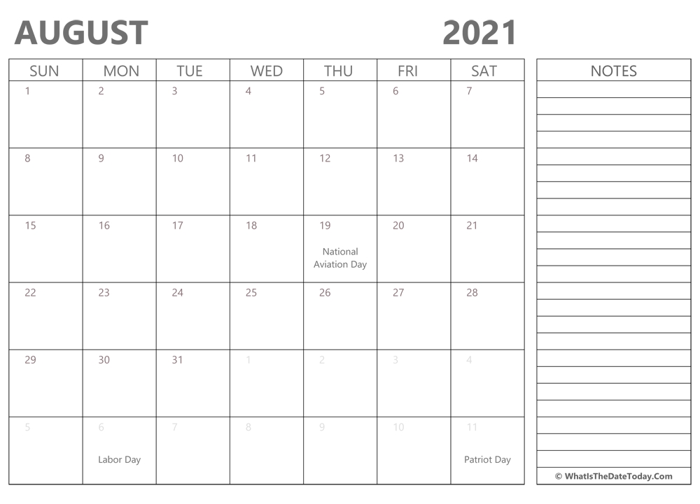 Editable August 2021 Calendar With Holidays And Notes | Whatisthedatetoday August 2021 Calendar Editable