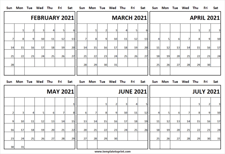 February To July 2021 Calendar Sunday Start | Excel | Pdf | Word | Png February To July 2021 Calendar