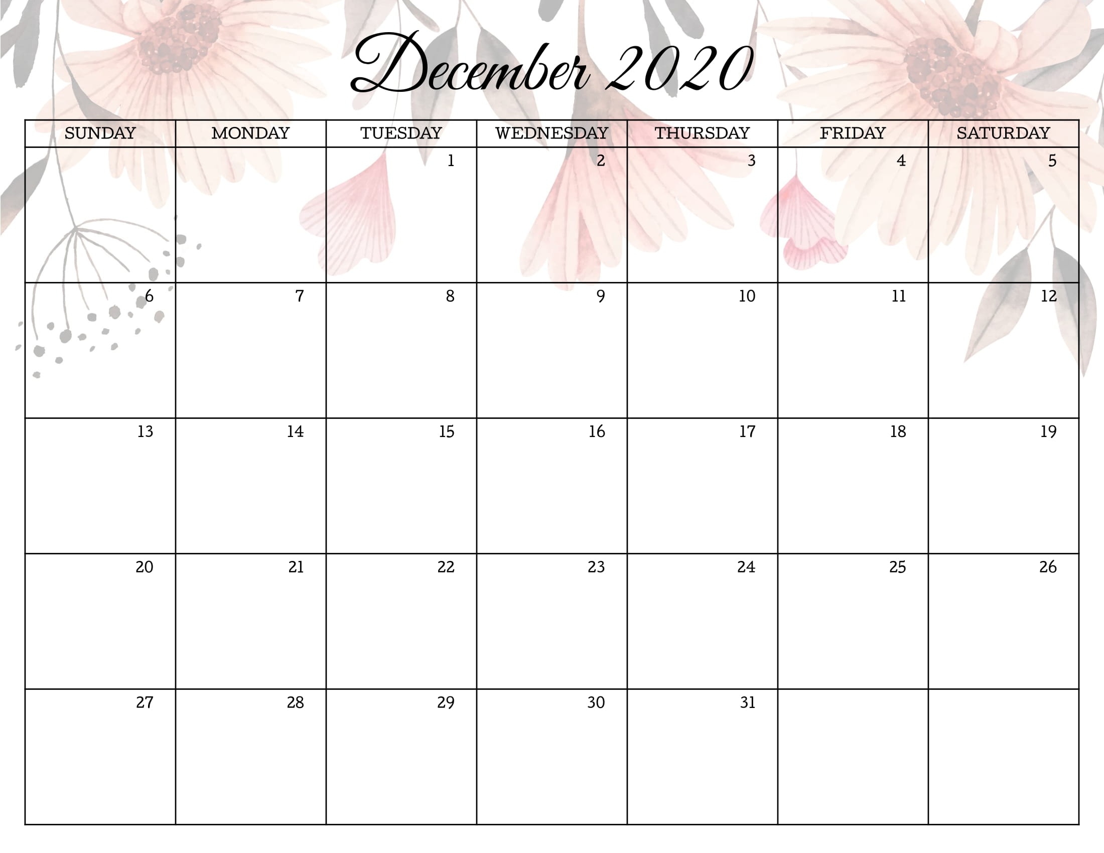 Floral December 2020 Calendar Templates - Printable 2020 Calendars Floral December 2020 Calendar December 2020 Through March 2021 Calendar