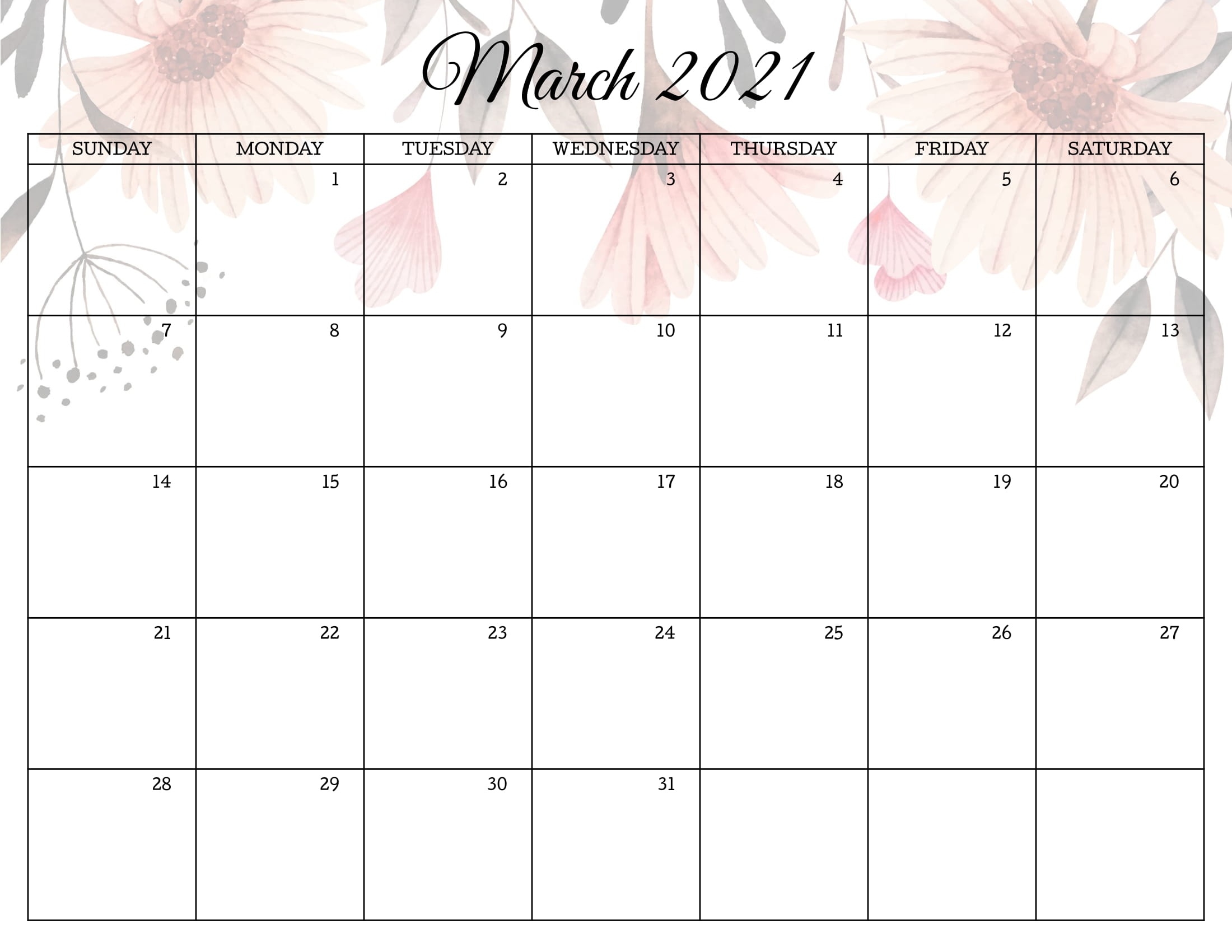 Floral March 2021 Calendar Templates - Printable 2020 March To December 2021 Calendar