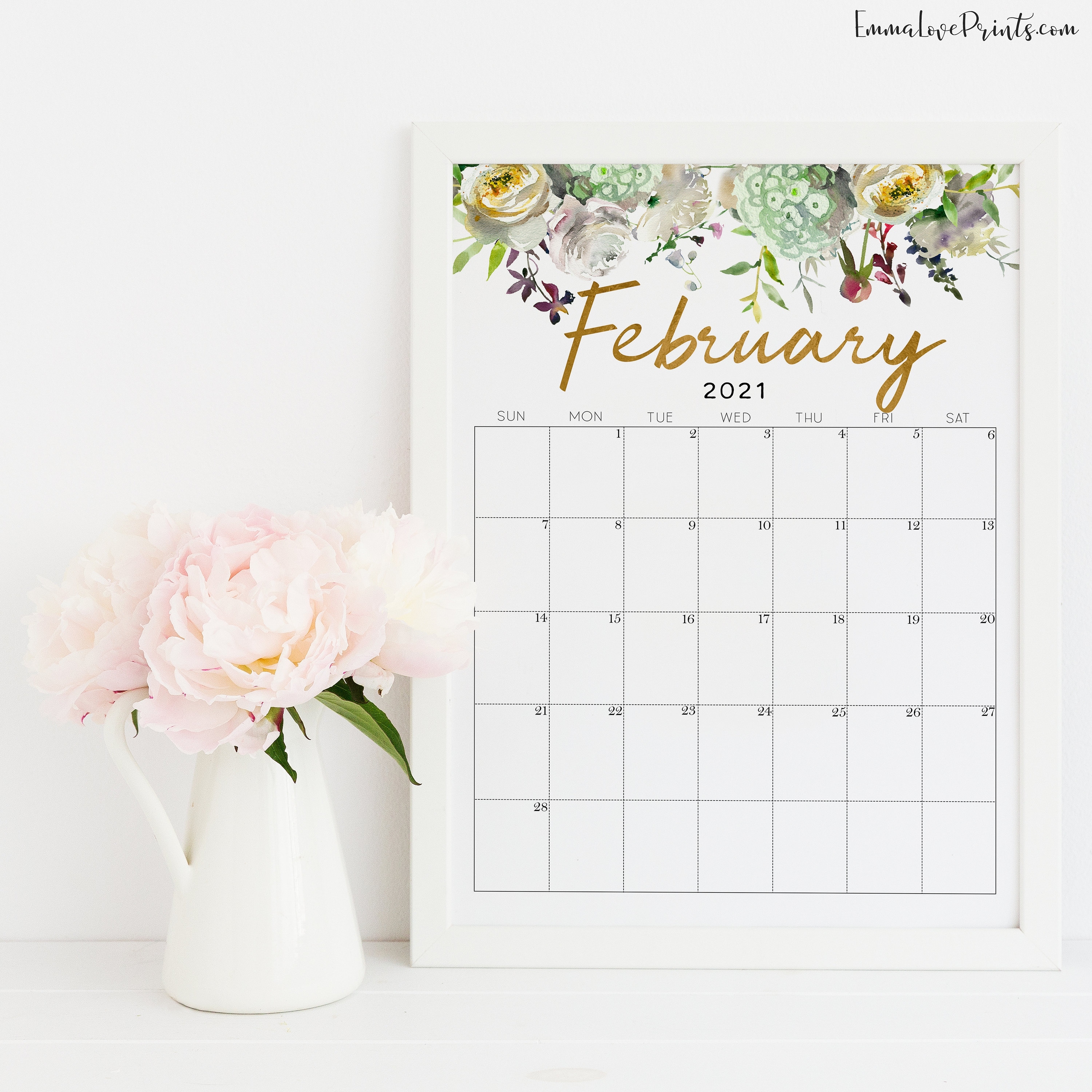 Floral Wall Calendar 2021 Printable, Botanical Calendar 2021, Watercolour Calendar 2021 December 2021 Calendar Floral