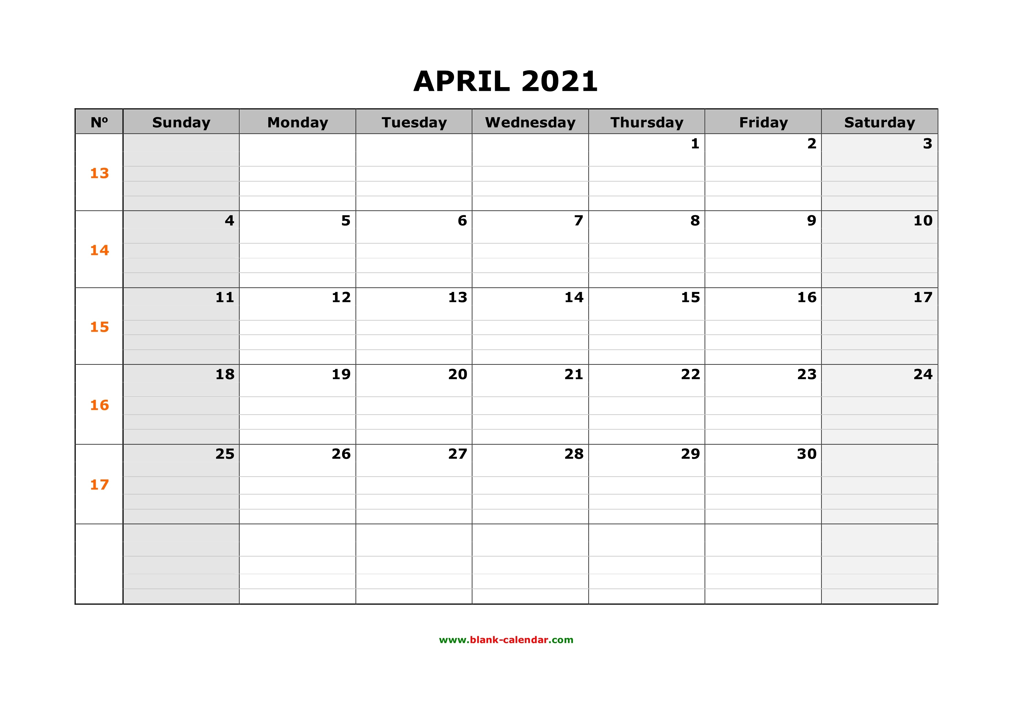 Free Download Printable April 2021 Calendar, Large Box Grid, Space For Notes April - September 2021 Calendar
