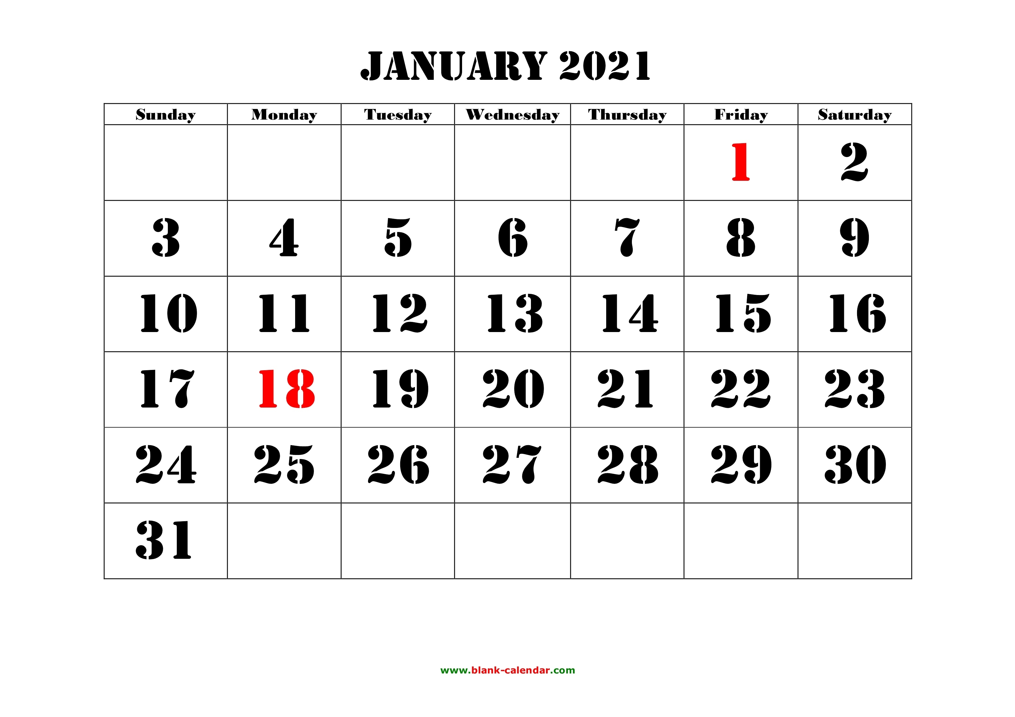 Free Download Printable January 2021 Calendar, Large Font Design , Holidays On Red Printable Monthly Calendar December 2020 And January 2021