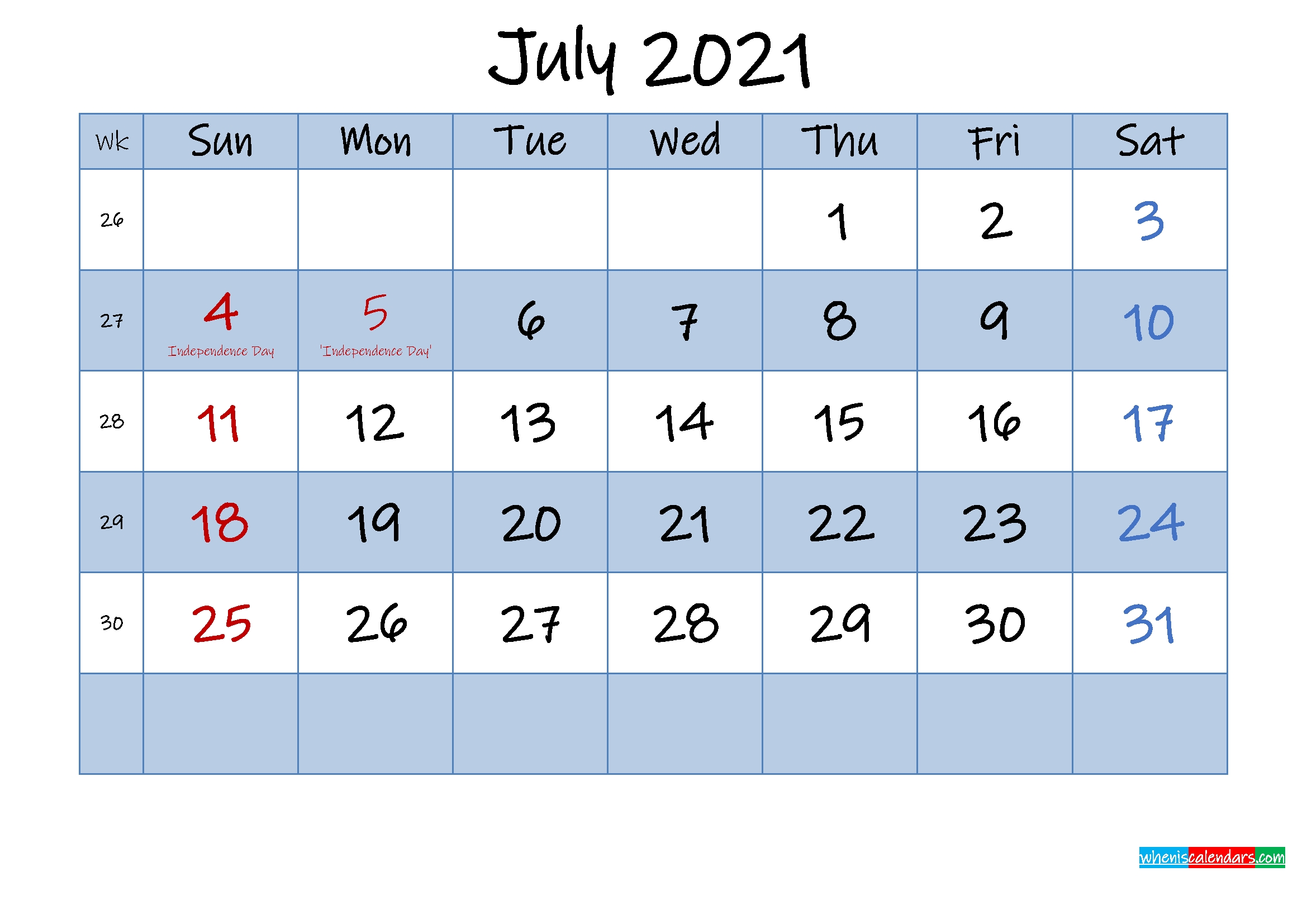 Free July 2021 Monthly Calendar Pdf - Template No.ink21M427 - Free Printable 2021 Monthly July 2021 Calendar Template