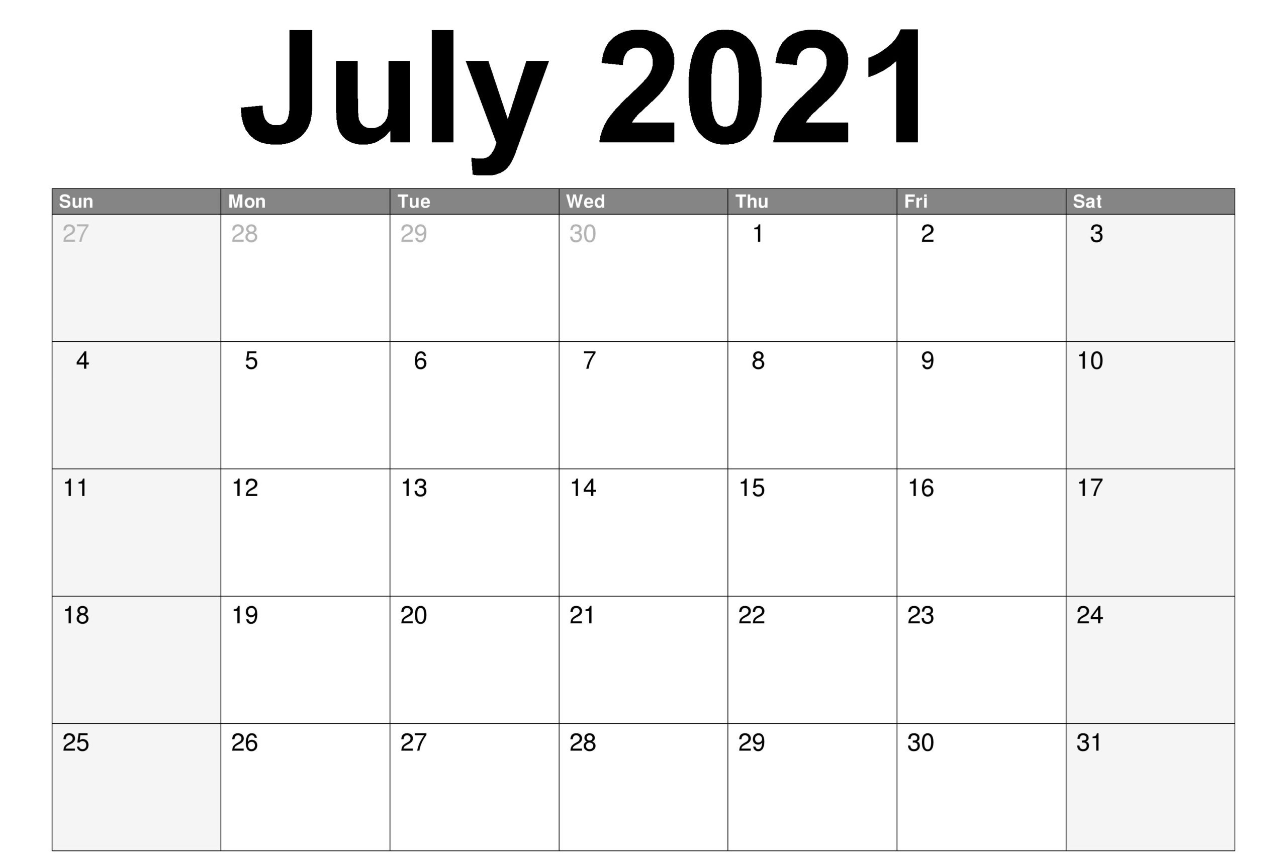 Free Monthly 2021 Printable Calendar Template July 2021 Calendar Template