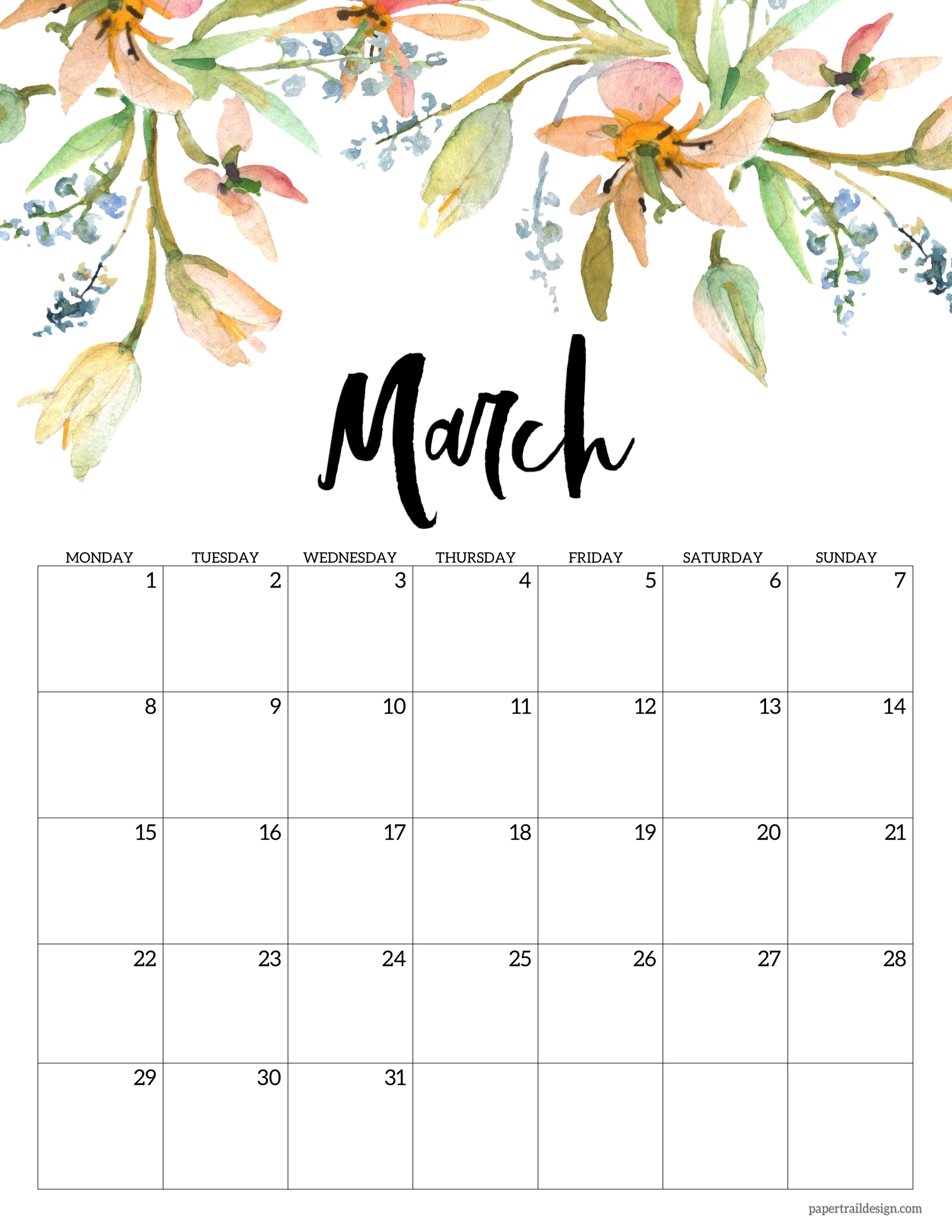 Free Printable 2021 Floral Calendar - Monday Start | Paper Trail Design December 2021 Calendar Floral