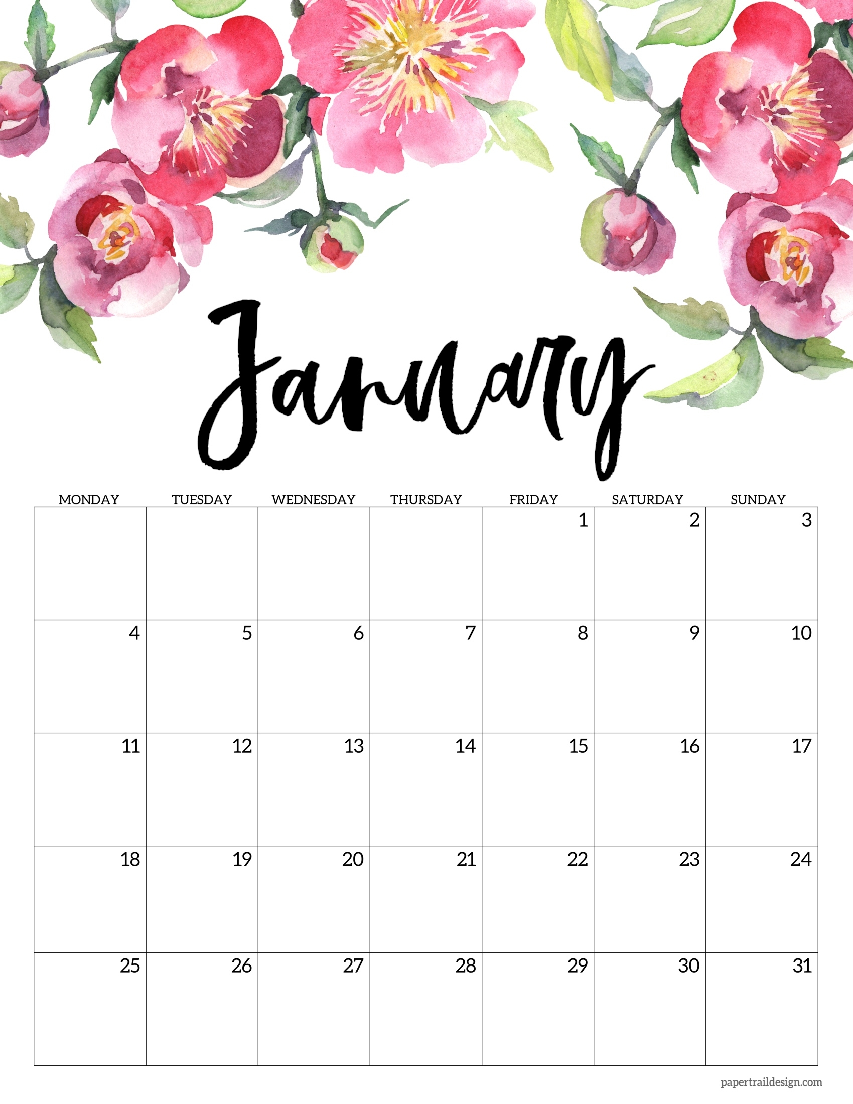 Free Printable 2021 Floral Calendar - Monday Start | Paper Trail Design December 2021 Calendar Floral