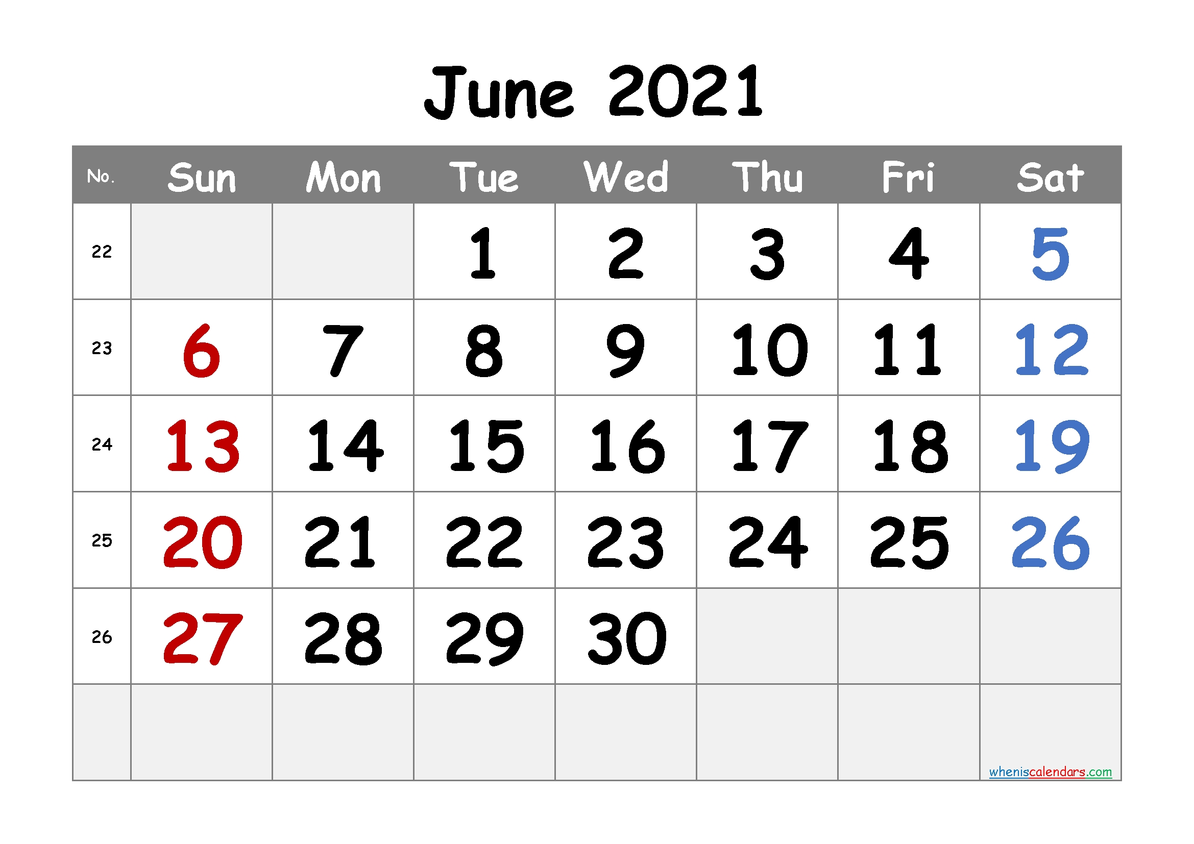 Free Printable 2021 Monthly Calendar With Week Numbers Www.wiki-Calendar.com June 2021