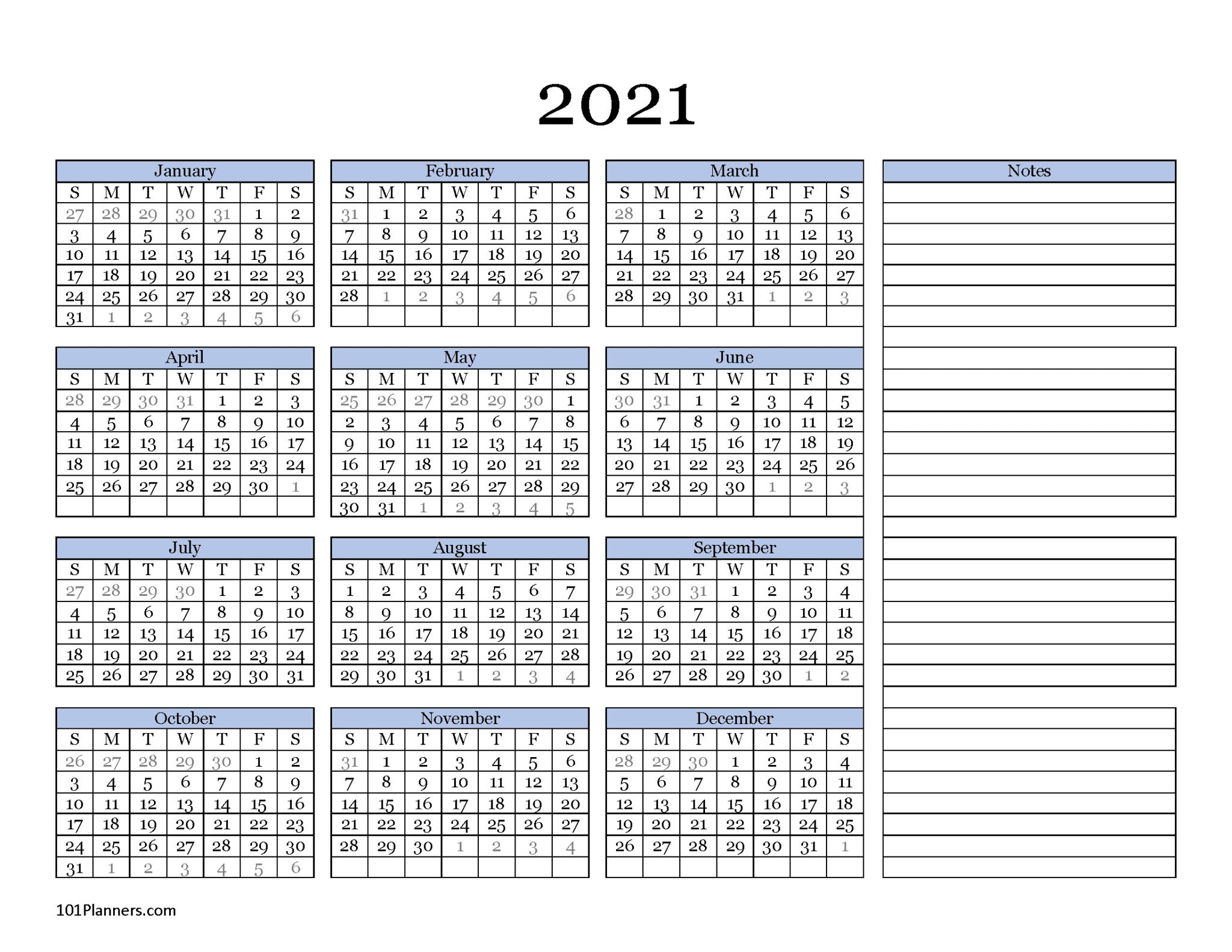 Free Printable 2021 Yearly Calendar At A Glance | 101 Backgrounds Show Me A Calendar For December 2021