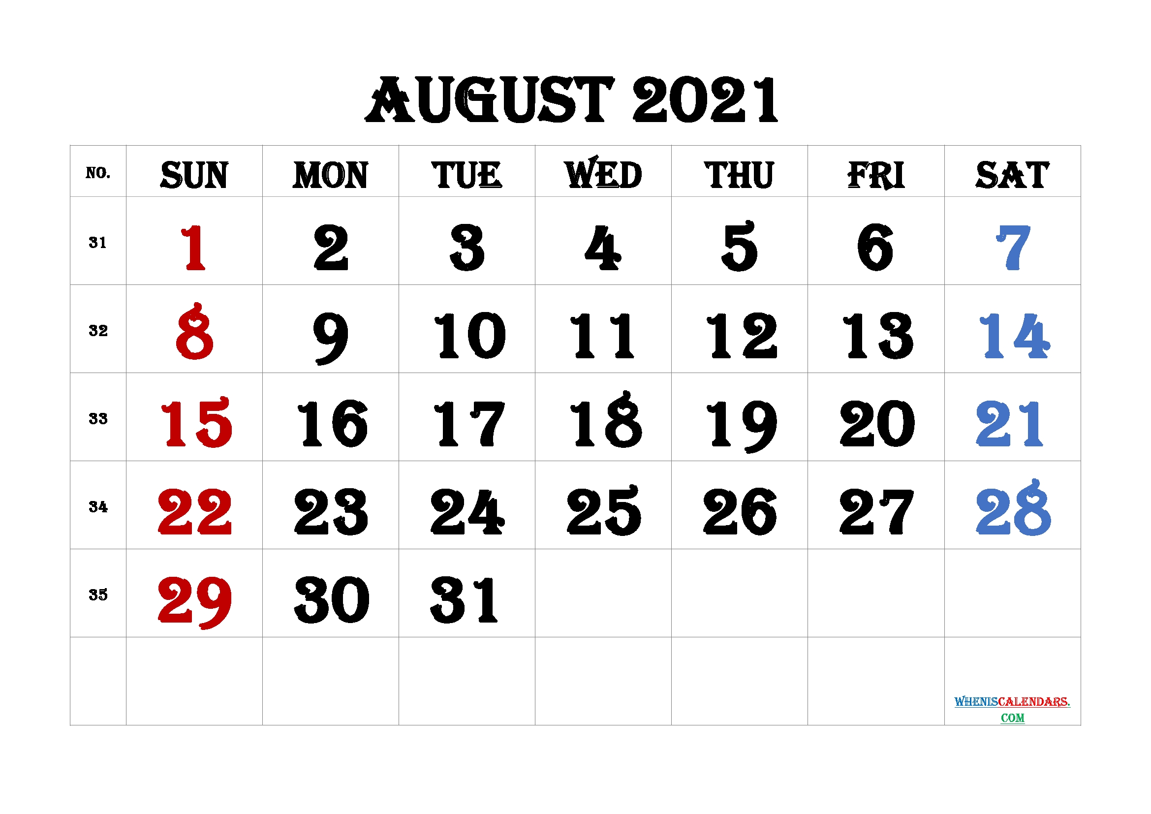 Free Printable August 2021 Calendar | Template M21Algerian4 - Free Printable 2021 Monthly August 2021 Calendar With Holidays