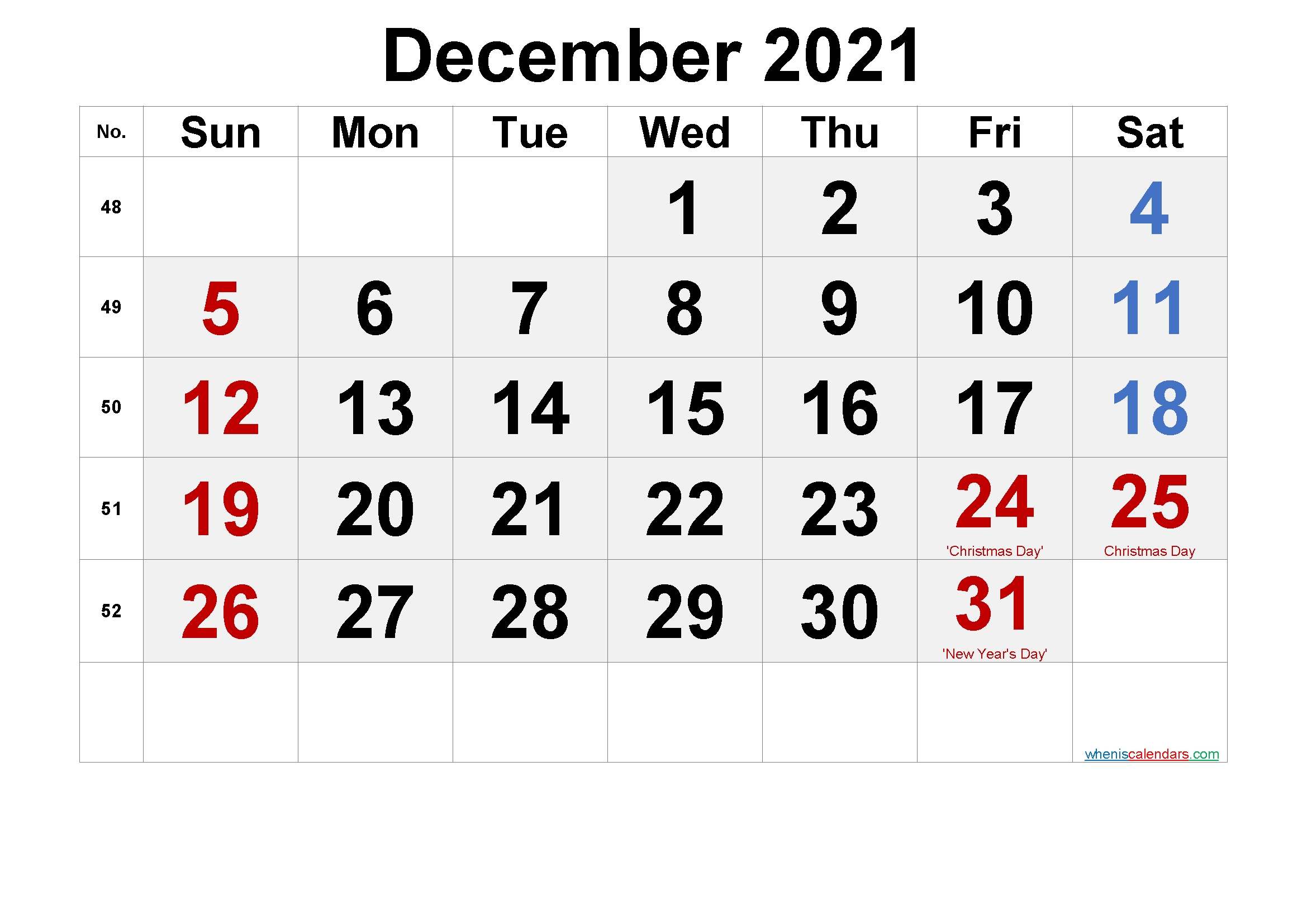 Free Printable December 2021 Calendar With Holidays Free Printable December 2021 Calendar With Holidays