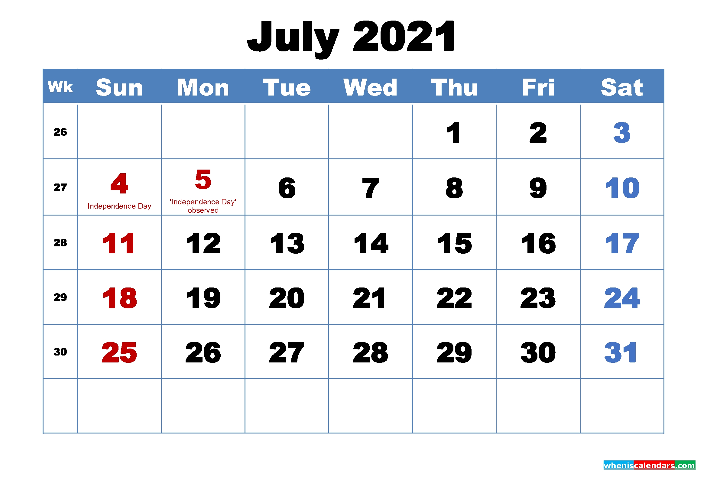Free Printable July 2021 Calendar With Holidays - Free Printable 2021 Monthly Calendar With Holidays Picture Of July 2021 Calendar