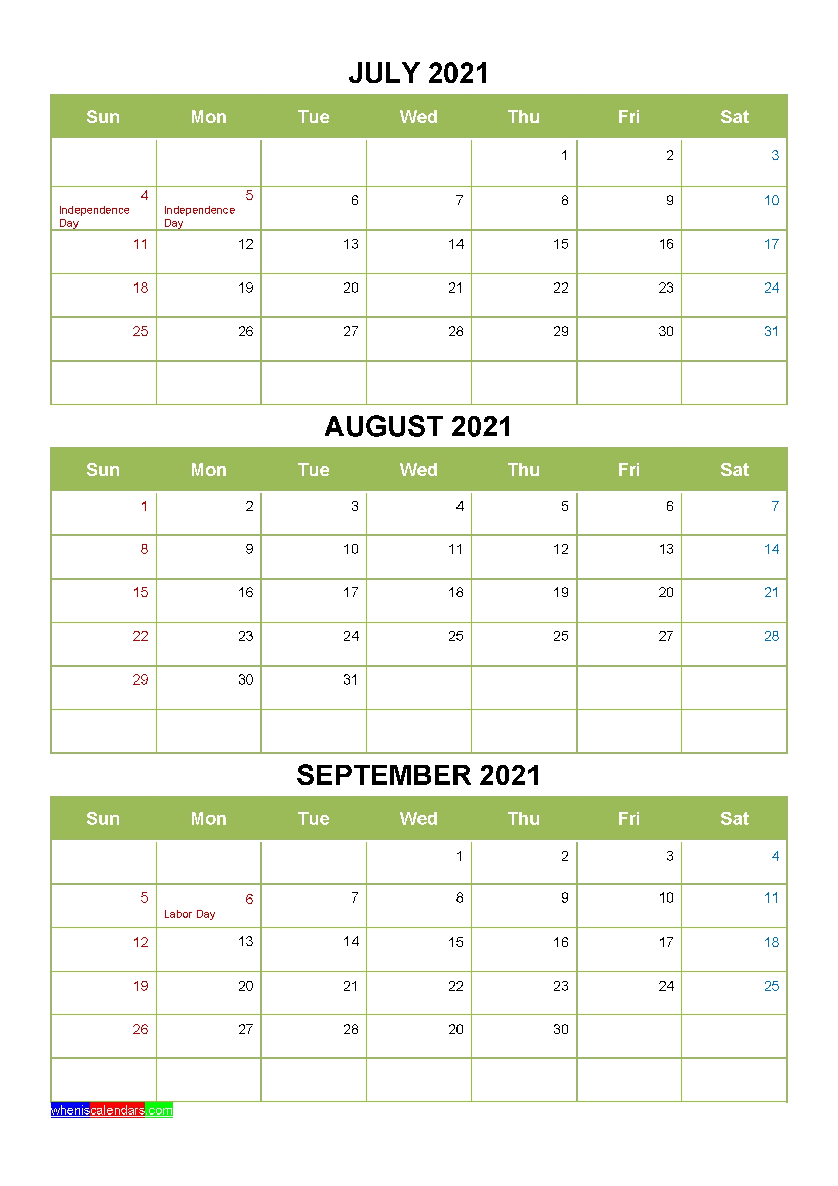 Free Printable July August September 2021 Calendar 3 Months 1 Page July Aug Sept 2021 Calendar