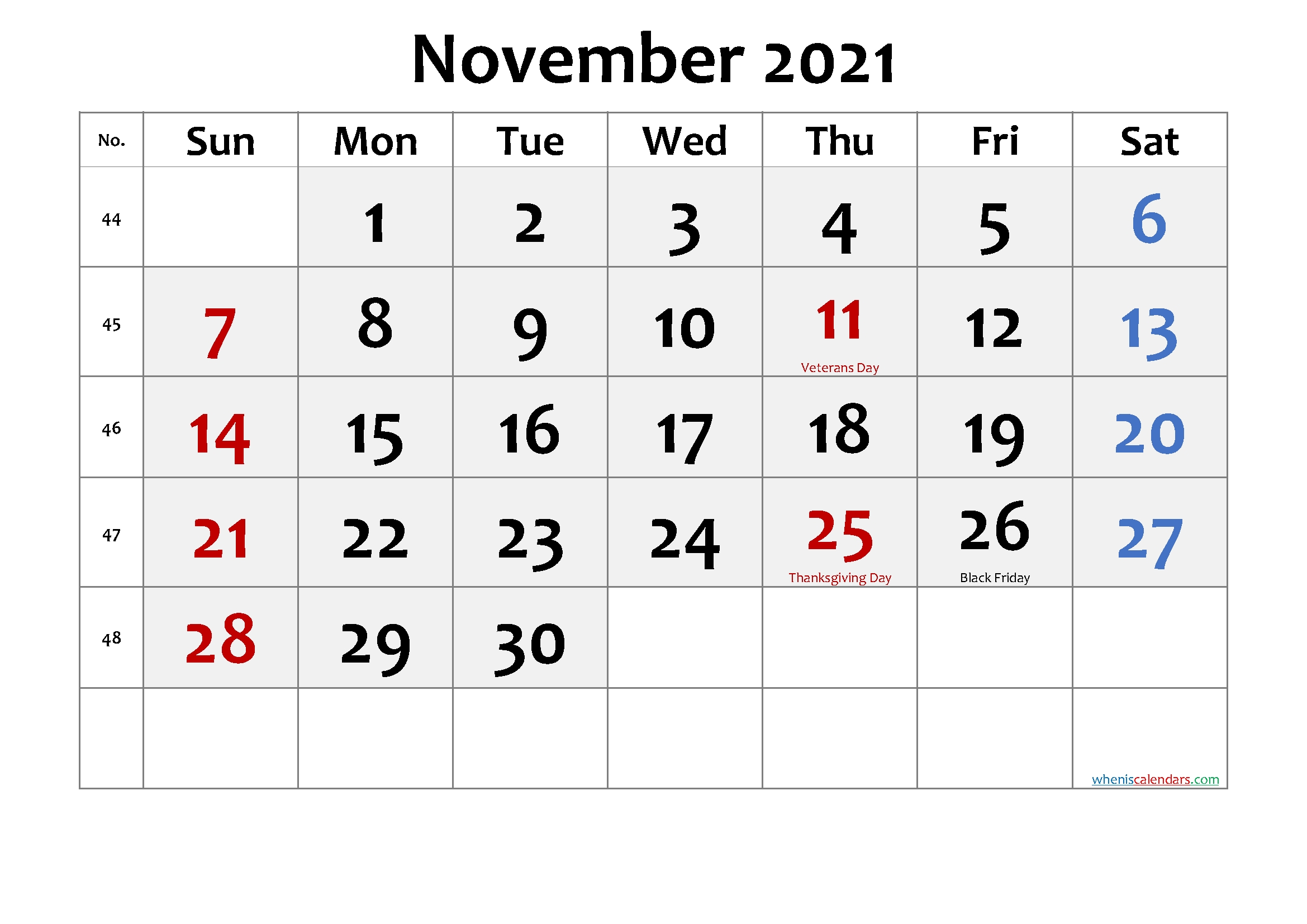 Free Printable November 2021 Calendar With Holidays Calendar For November 2021 With Holidays
