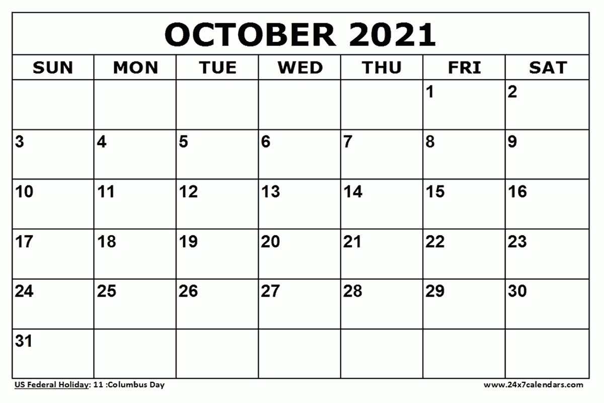 Free Printable October 2021 Calendar : 24X7Calendars October 2021 Calendar Starting Monday