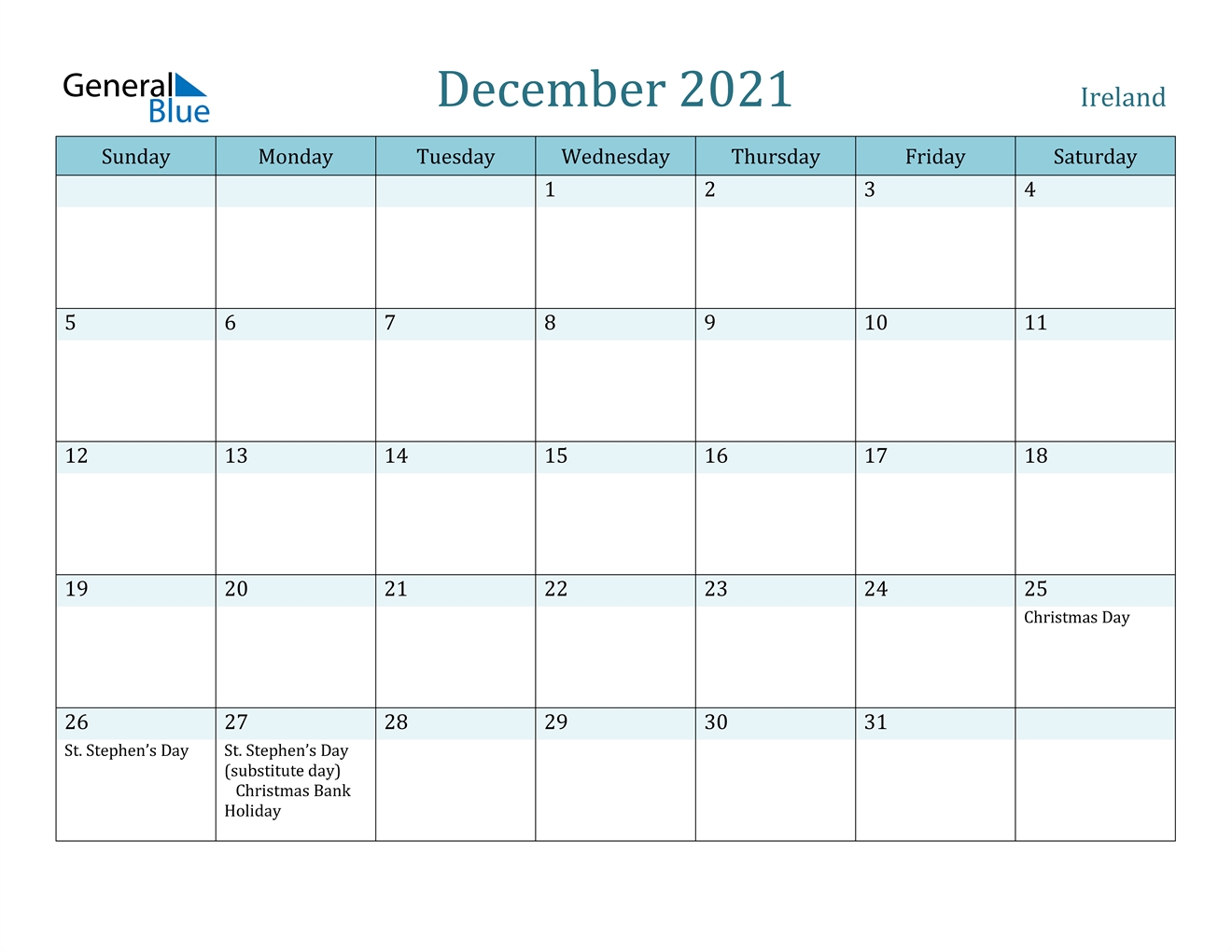 Ireland December 2021 Calendar With Holidays Month Of December 2021 Calendar