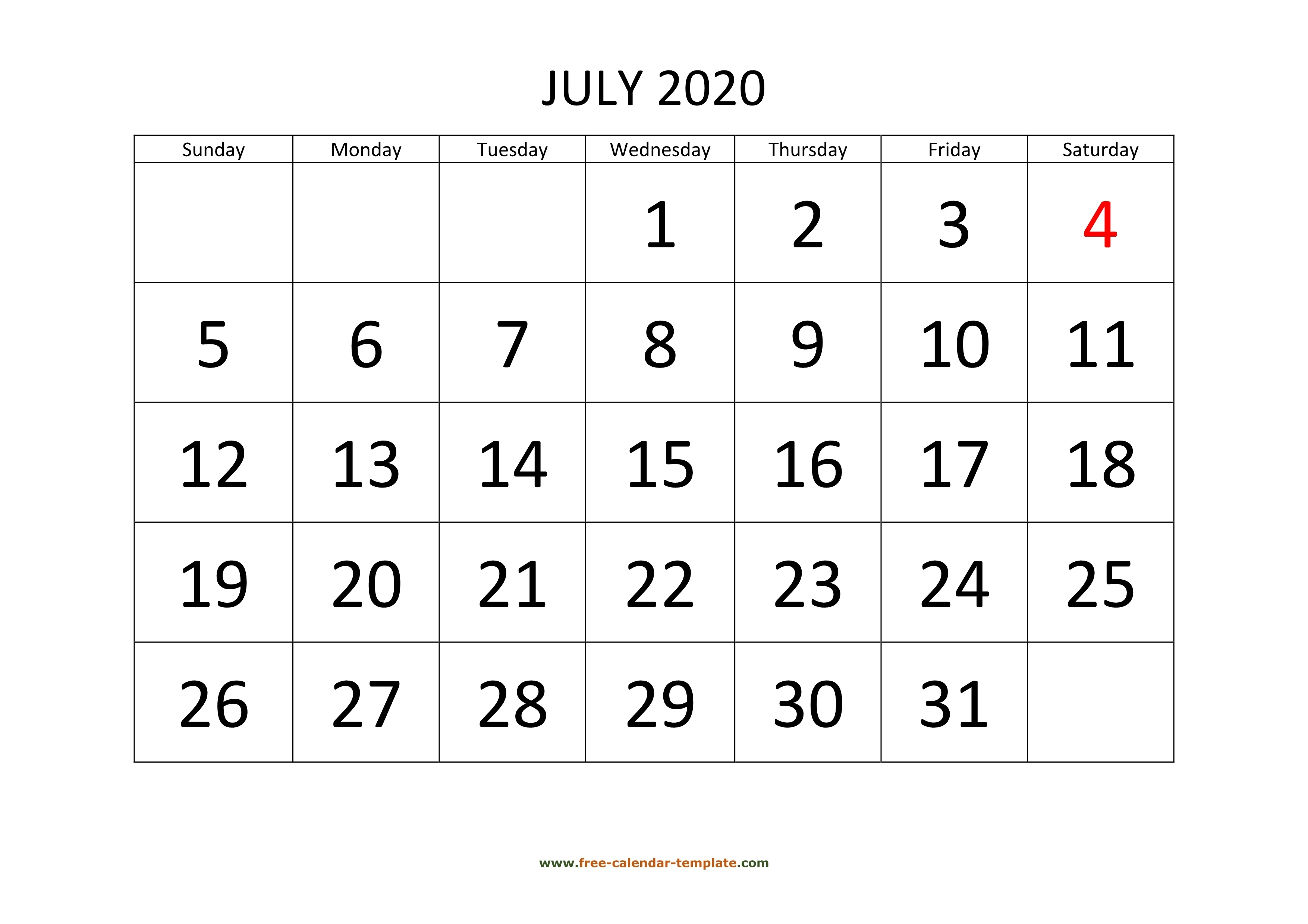 July 2020 Free Calendar Tempplate | Free-Calendar-Template One Page Calendar July 2020 To June 2021