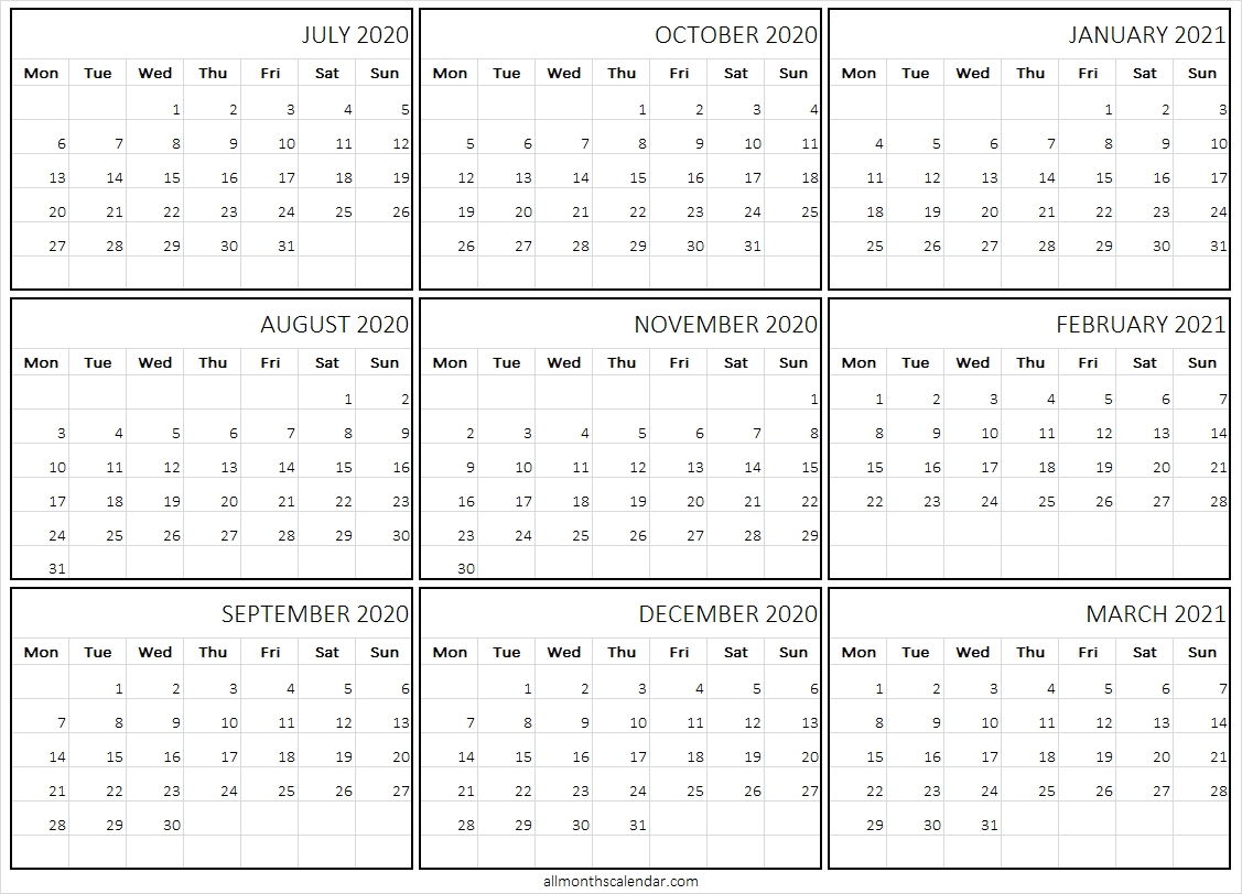 July 2020 To March 2021 Calendar Template - Free Monthly Calendar 2020 July 2020 To December 2021 Calendar