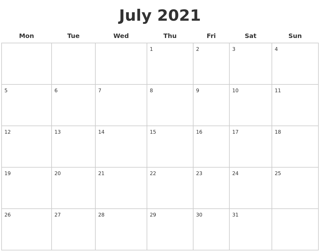 July 2021 Blank Calendar Pages February Through July 2021 Calendar