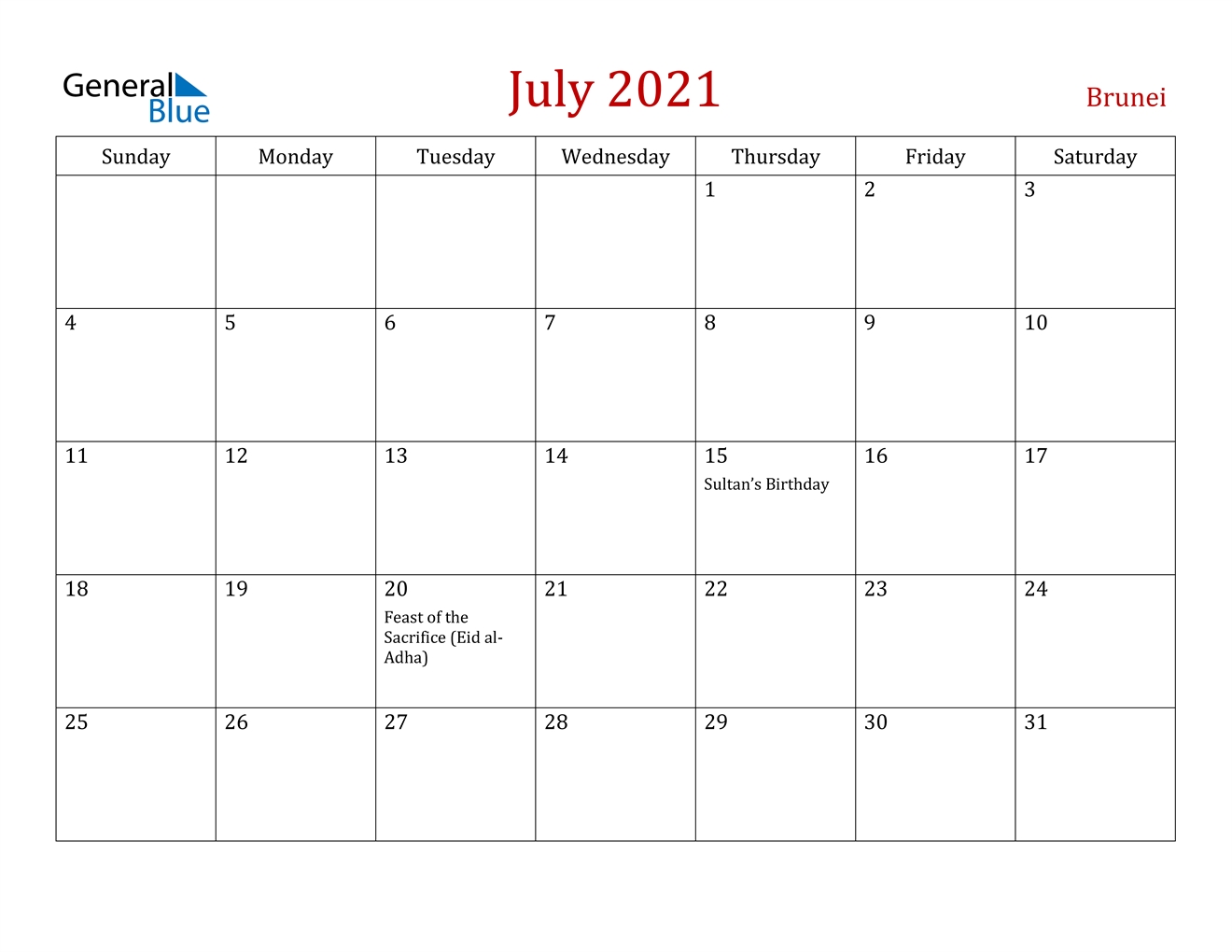 July 2021 Calendar - Brunei July 2021 Calendar Holidays