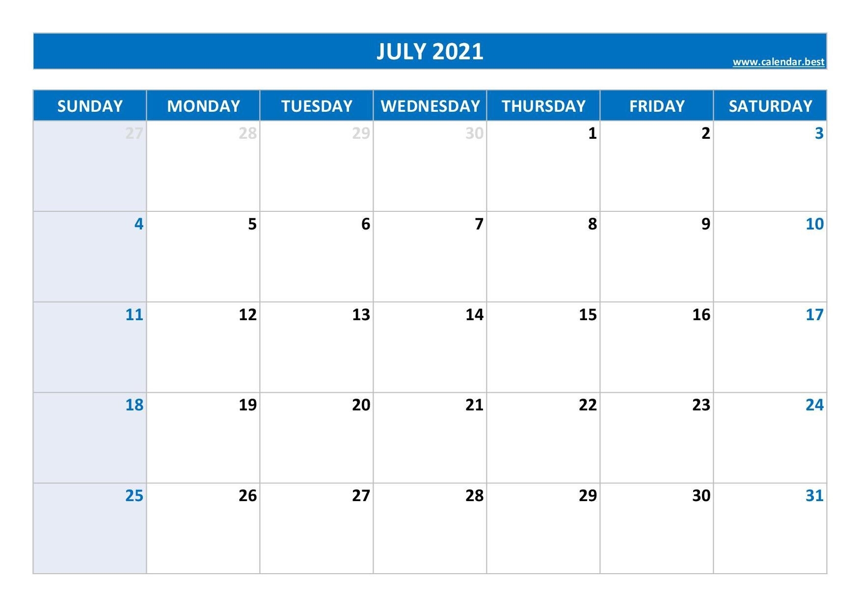 July 2021 Calendar -Calendar.best Editable July 2021 Calendar