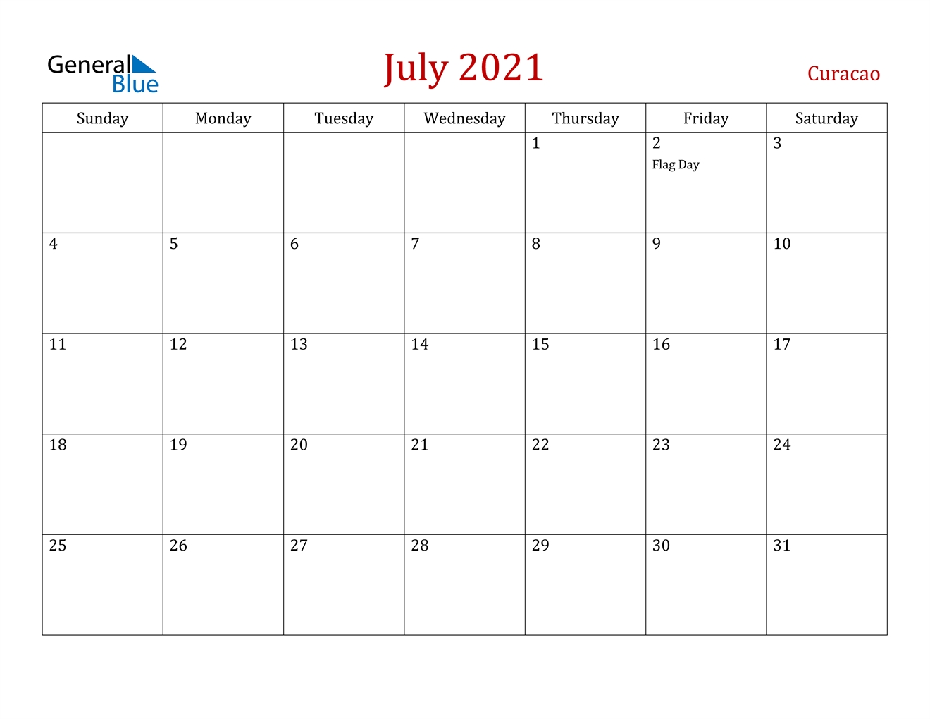 July 2021 Calendar - Curacao July 2020 To July 2021 Calendar