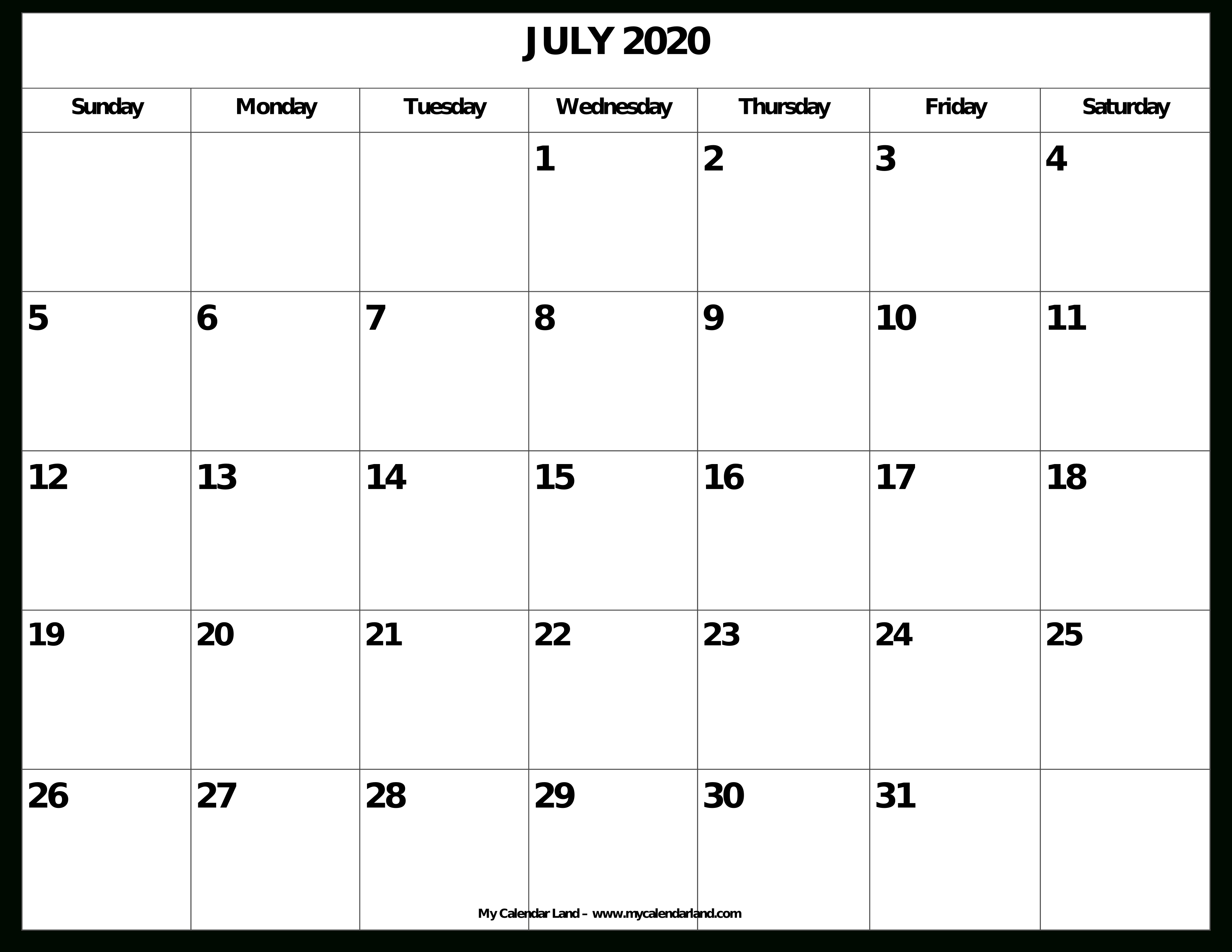 July 2021 Calendar - My Calendar Land July 2020 To July 2021 Calendar