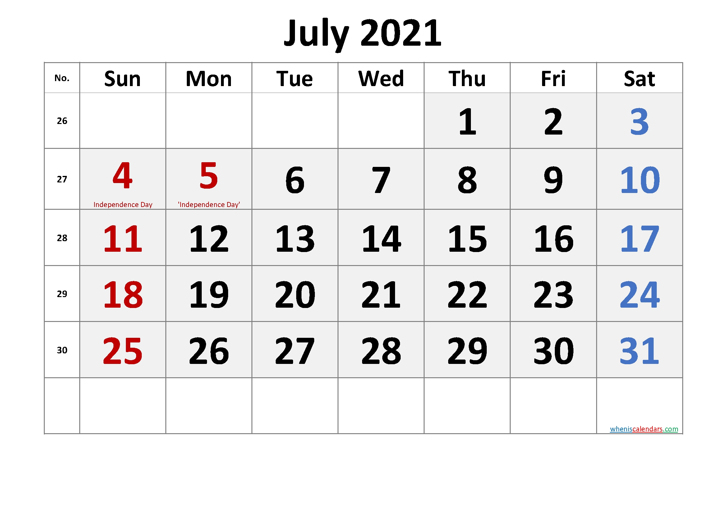 July 2021 Calendar With Holidays Printable-Template No.cr21M55 July 2021 Calendar Template