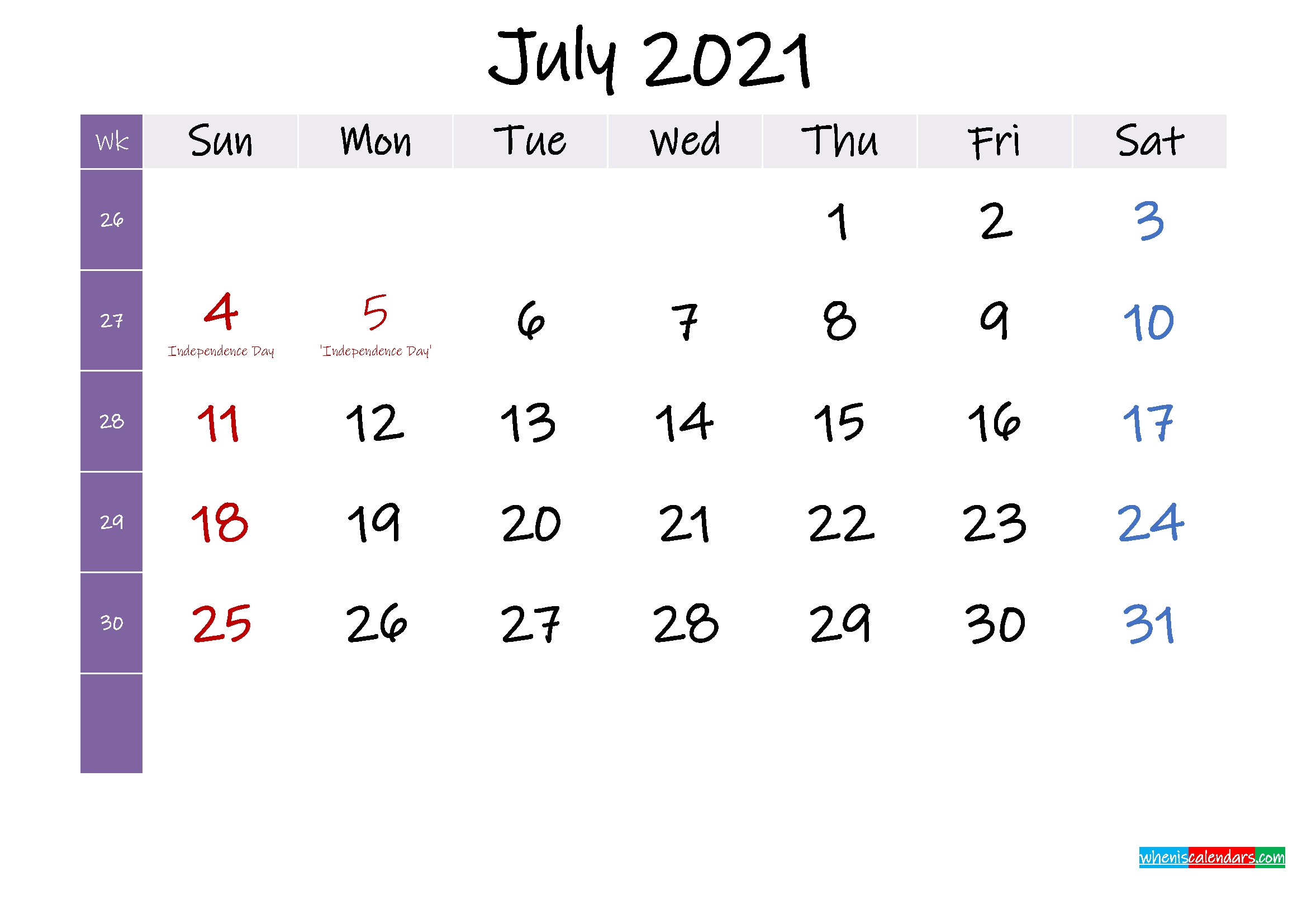 July 2021 Free Printable Calendar With Holidays - Template No.ink21M391 | Free Printable 2020 July 2021 Calendar Holidays