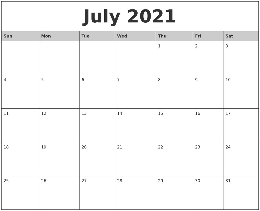 July 2021 Monthly Calendar Printable July 2020 To July 2021 Calendar