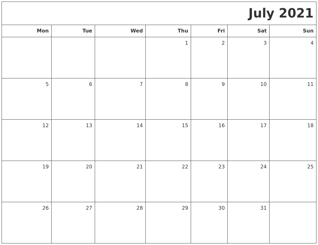 July 2021 Printable Blank Calendar Downloadable July 2021 Calendar