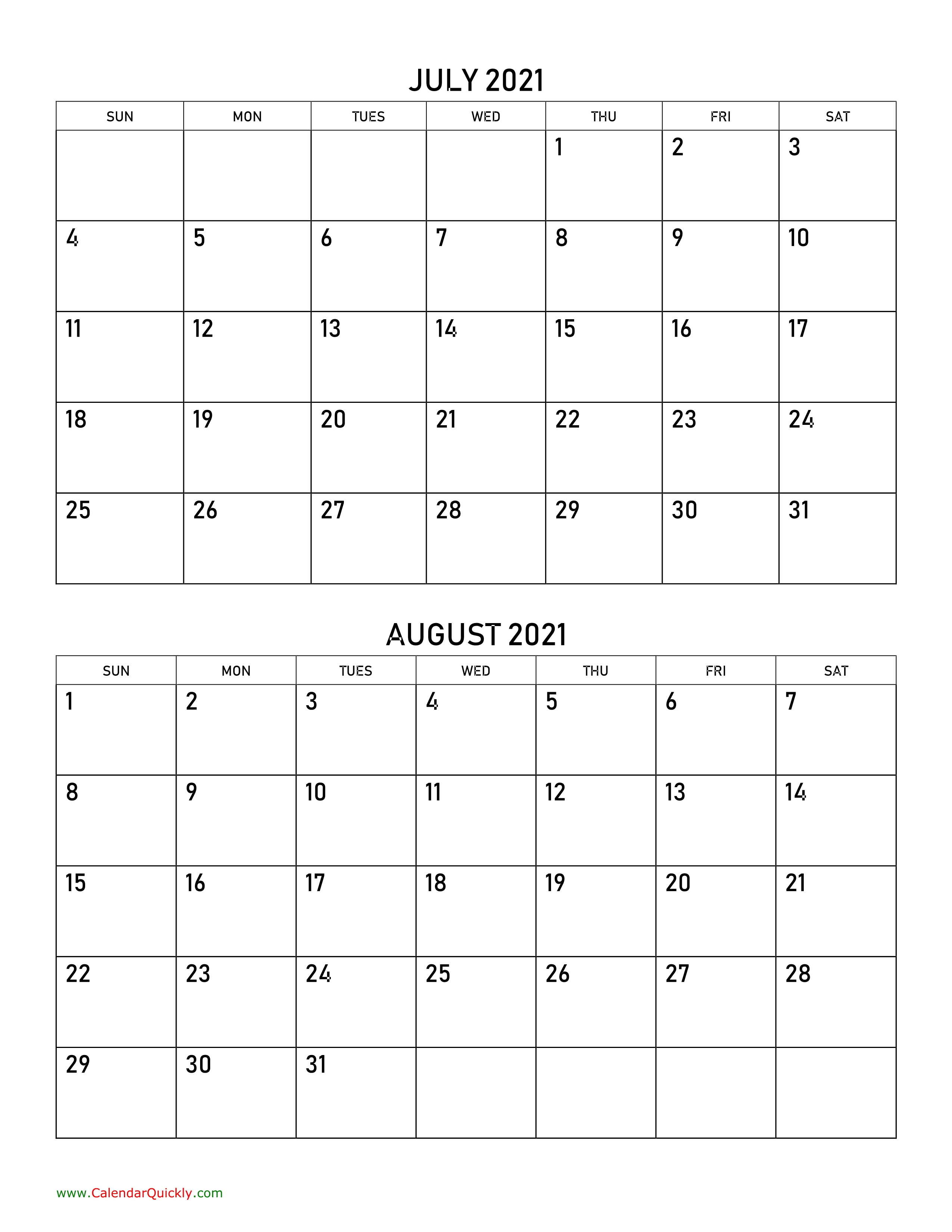 July And August 2021 Calendar | Calendar Quickly Blank Calendar June July August 2021