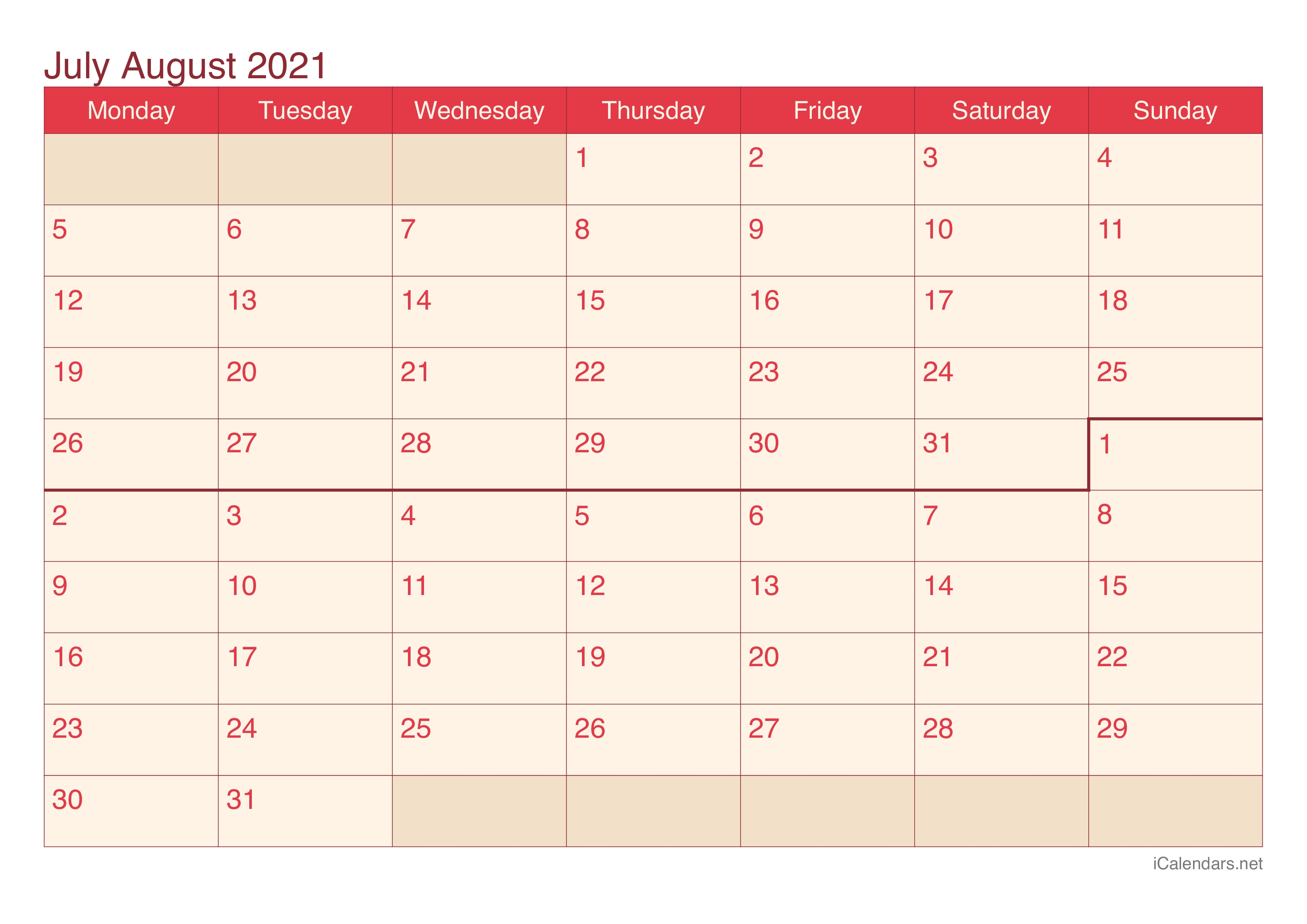 July And August 2021 Printable Calendar - Icalendars Blank Calendar June July August 2021