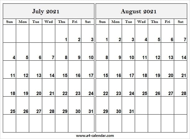 July August 2021 Calendar A4 - Free July Calendar 2021 Template July Aug Sept 2021 Calendar