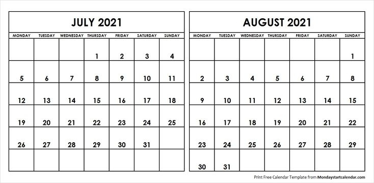 July August 2021 Calendar Monday Start | Editable Two Months Template In 2020 | August Calendar August 2021 Calendar Editable