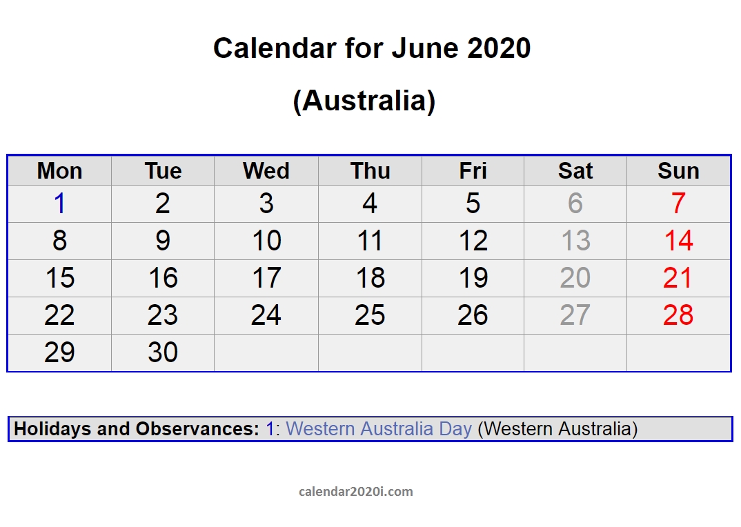 June 2020 Australia Holidays Calendar | Holidays Calendar, Australia Holidays, Holiday Festival June 2021 Calendar Australia