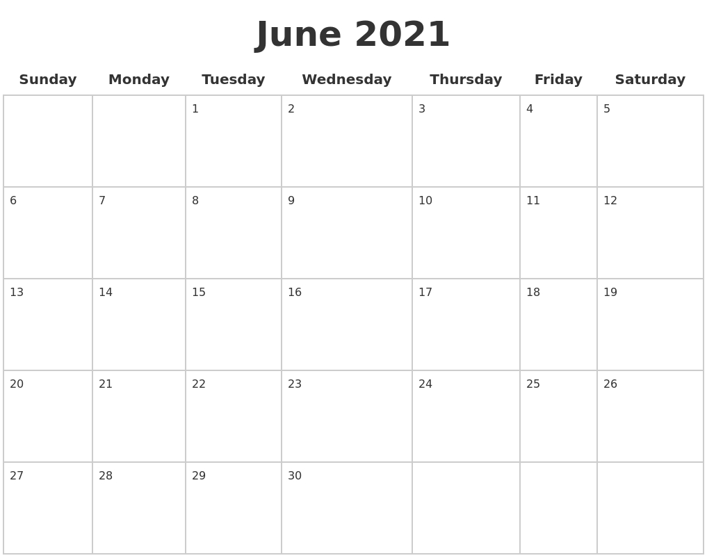 June 2021 Blank Calendar Pages June 2021 Calendar Blank