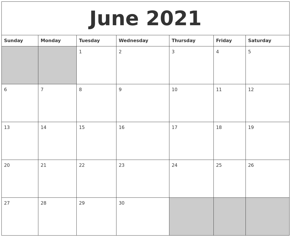 June 2021 Blank Printable Calendar June 2021 Calendar Blank