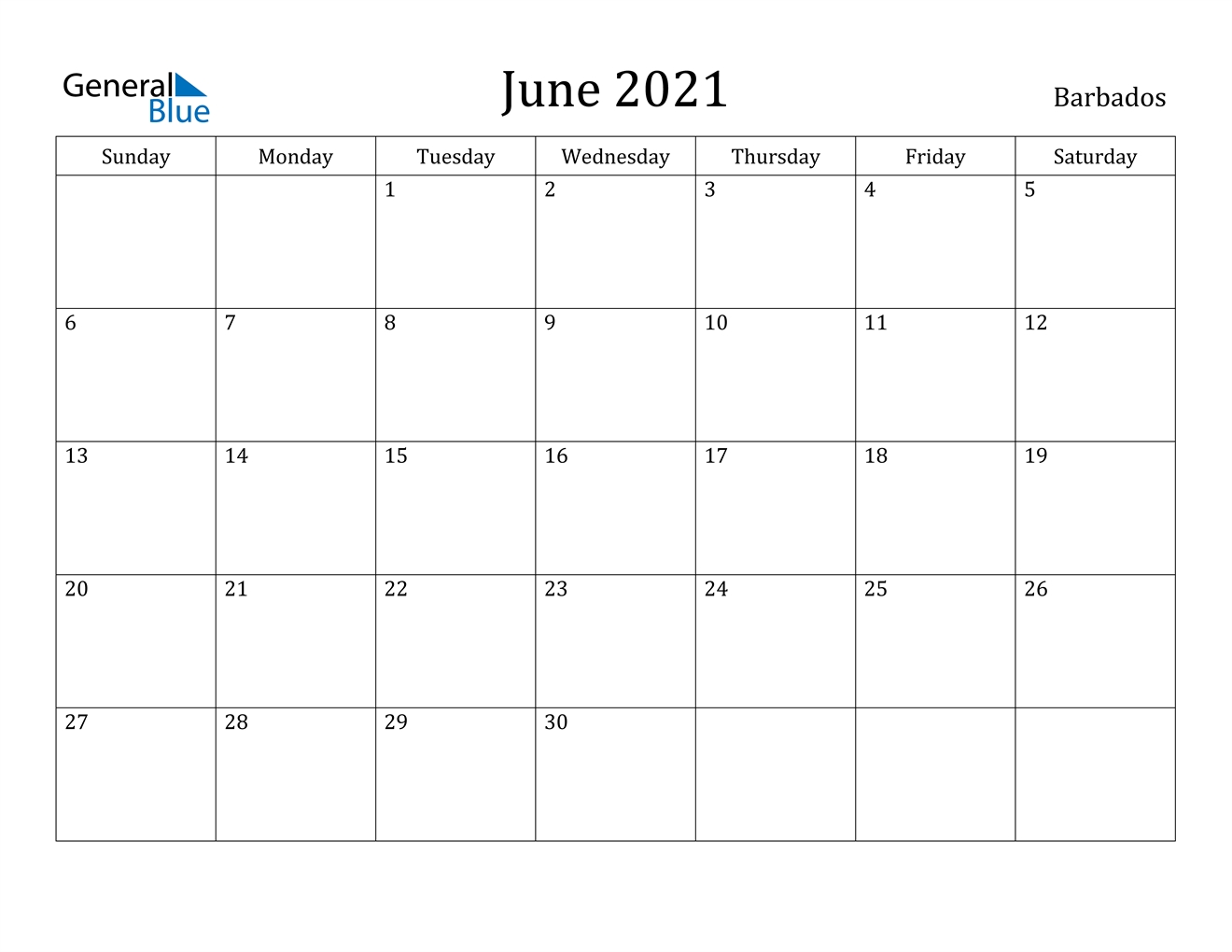 June 2021 Calendar - Barbados June 2021 Calendar Australia