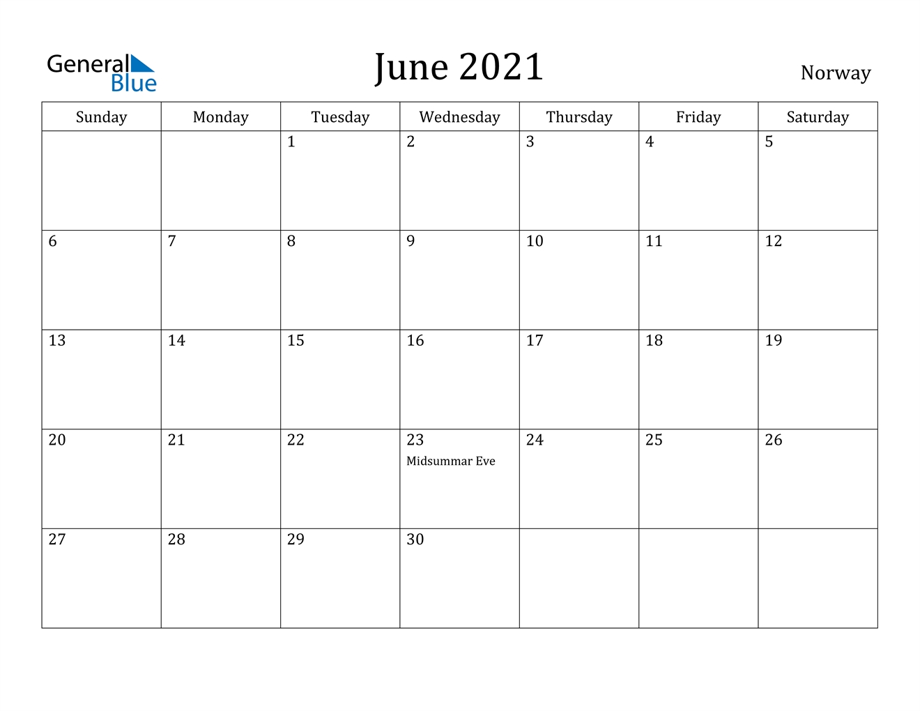 June 2021 Calendar - Norway June 2021 Calendar Australia