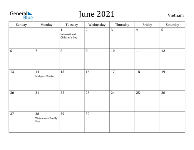 June 2021 Calendar - Vietnam June-August 2021 Calendar