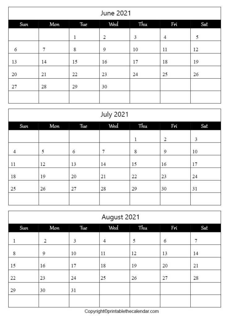 June July August 2021 Calendar [Free Printable Template] | Printable The Calendar Blank Calendar June July August 2021