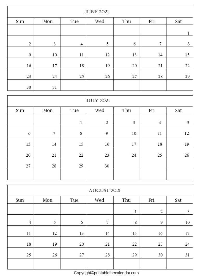 June July August 2021 Calendar [Free Printable Template] | Printable The Calendar Blank Calendar June July August 2021