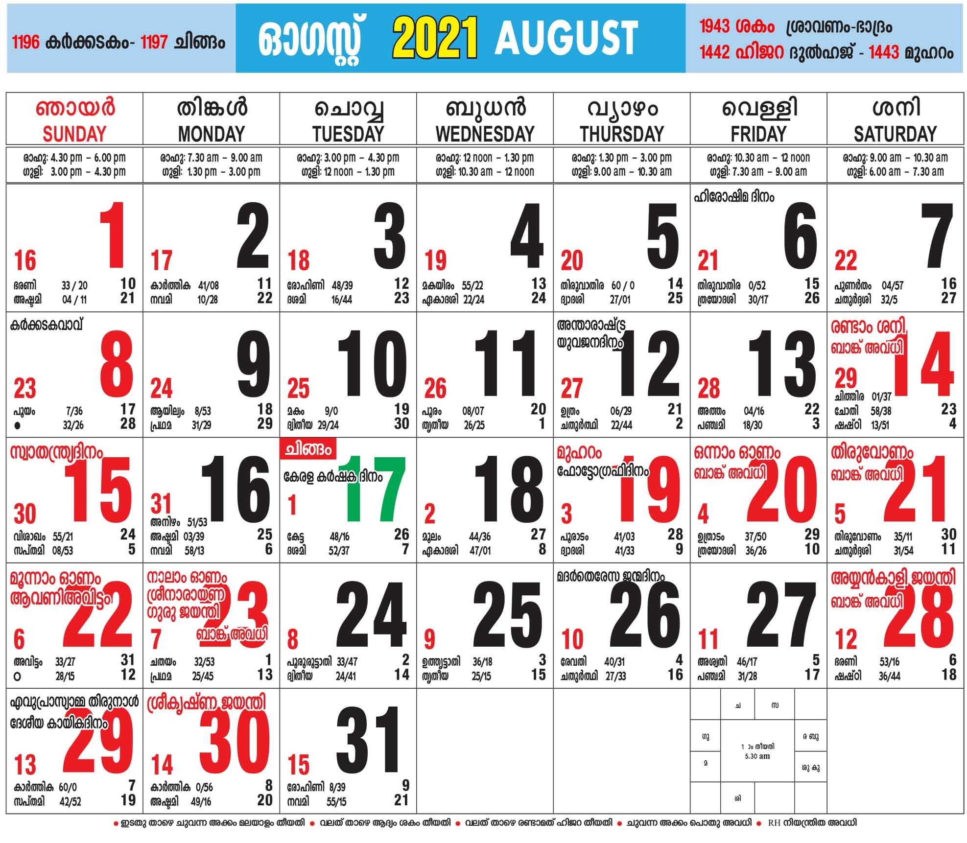 Malayalam Calendar 2021 August | Seg Next Year August Calendar 2021