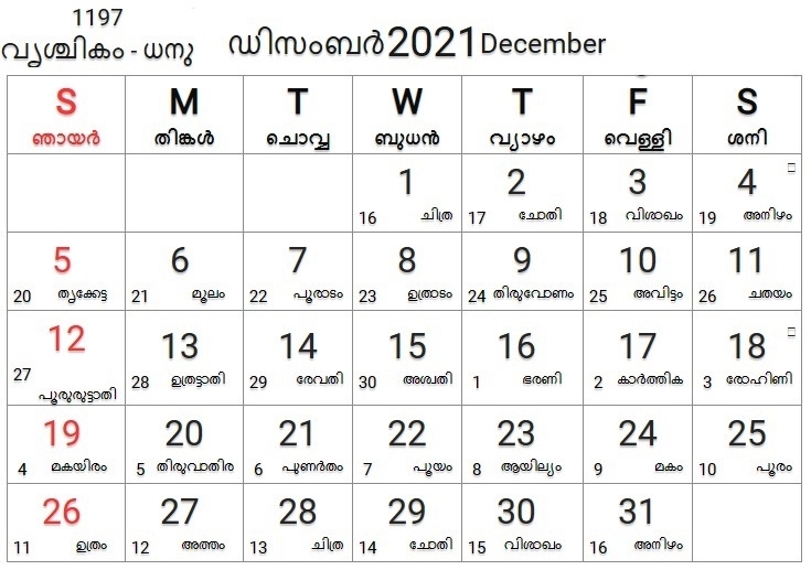 Malayalam Calendar December 2021 - Malayalamcalendars December 2021 Hindu Calendar