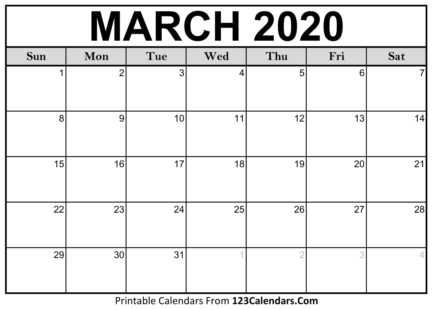 March 2020 Printable Calendar | 123Calendars December 2020 - March 2021 Calendar
