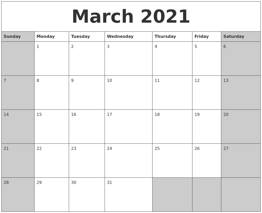 March 2021 Calanders Calendar From October 2020 To March 2021