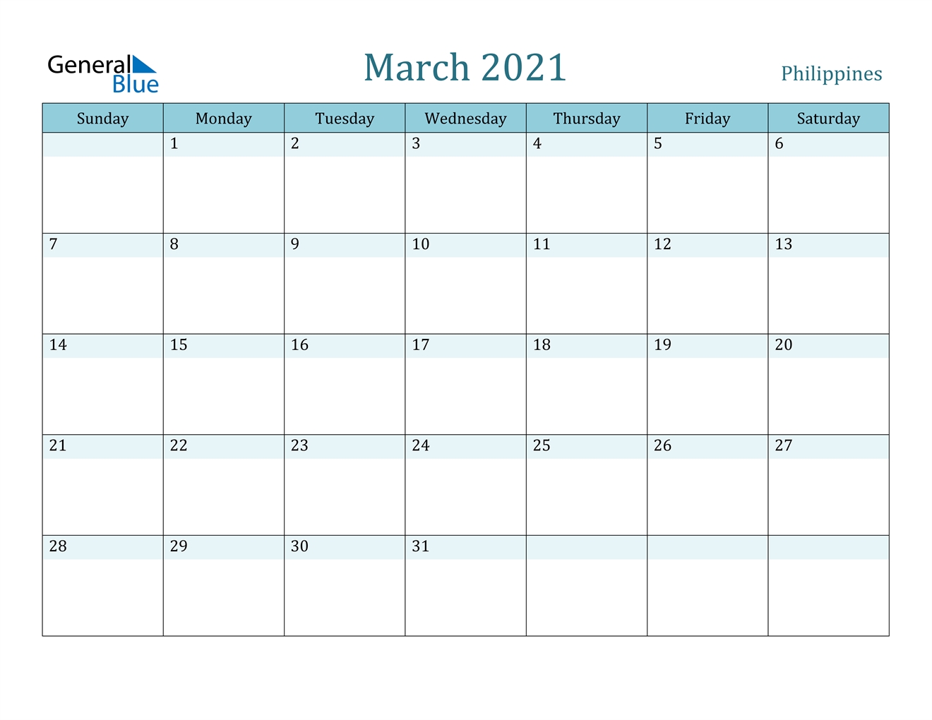 March 2021 Calendar - Philippines March To December 2021 Calendar