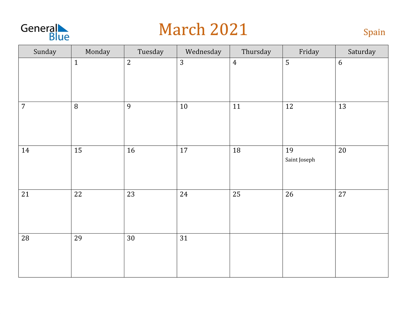 March 2021 Calendar - Spain March To December 2021 Calendar