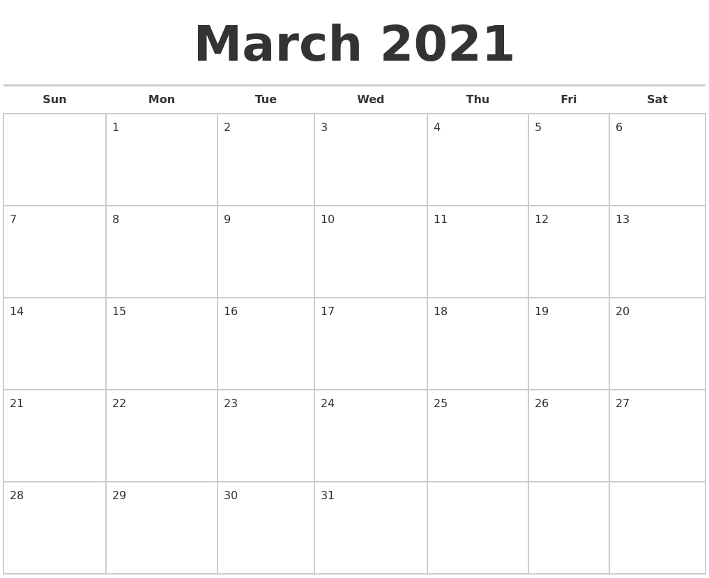 March 2021 Calendars Free March To December 2021 Calendar